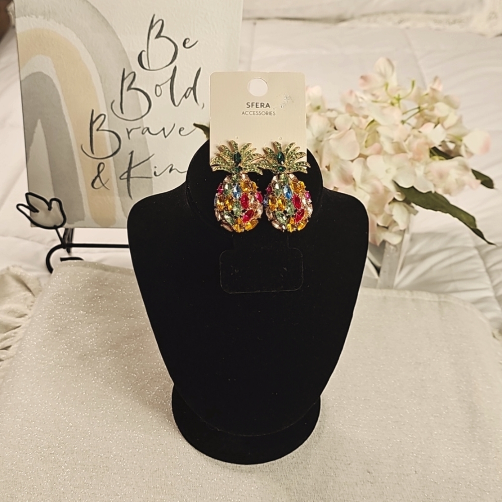 Earrings Pineple with Multicolored Stones Elegant Wear Vacation Resortwear Beach - Picture 5 of 10
